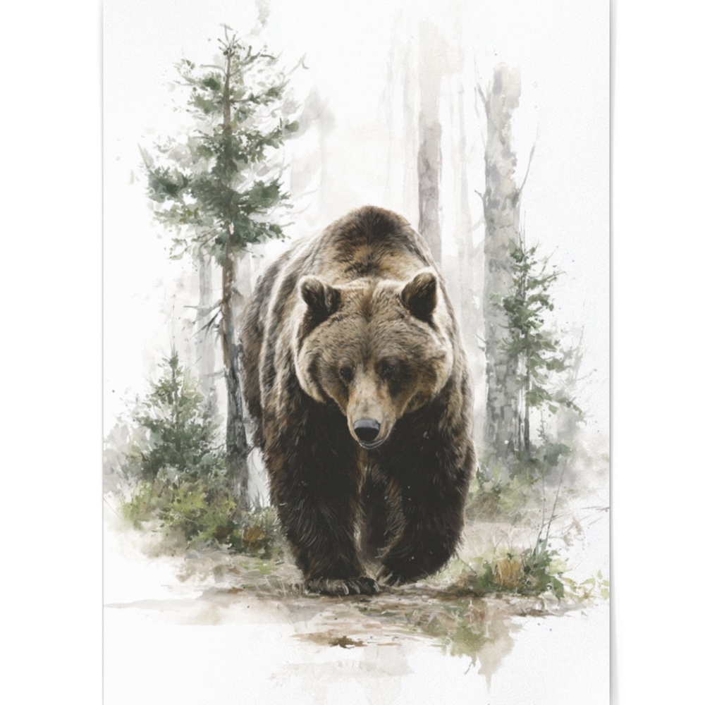Watercolor Brown Bear Forest Wall Art Print, Unframed Misty Grizzly Illustration - Picture 2 of 5